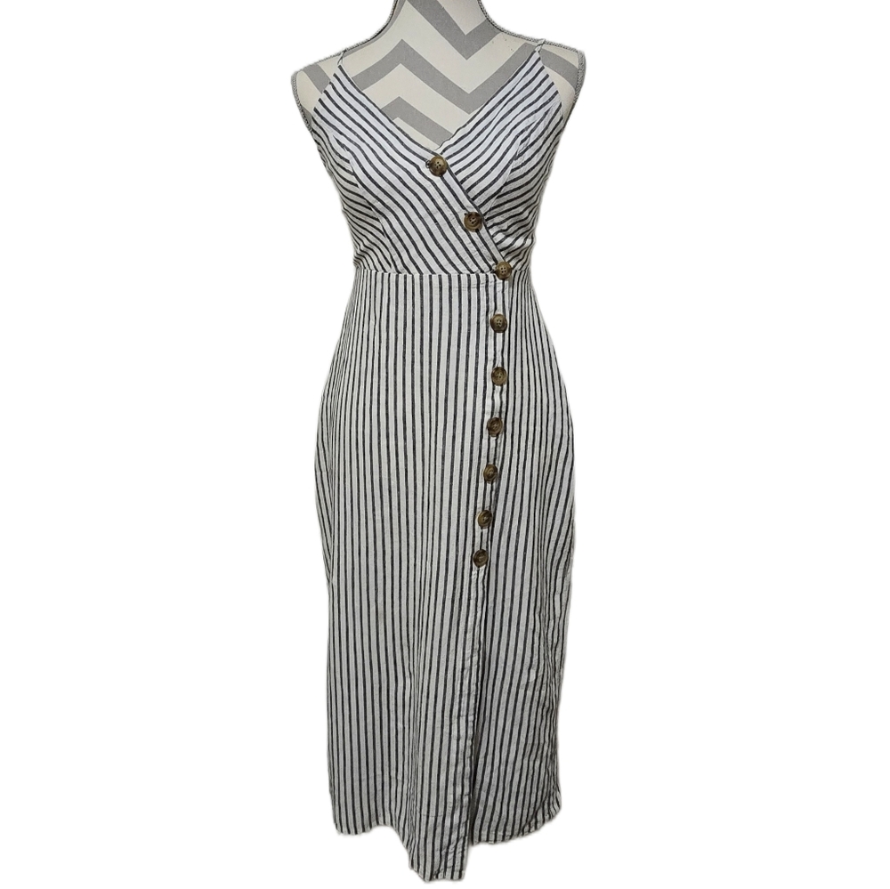 Urban Outfitters Striped Button Front Midi Dress Linen Blend Smocked Back Small